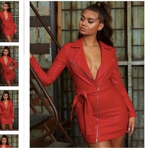 Oh Polly Red Leather Zipper Dress
